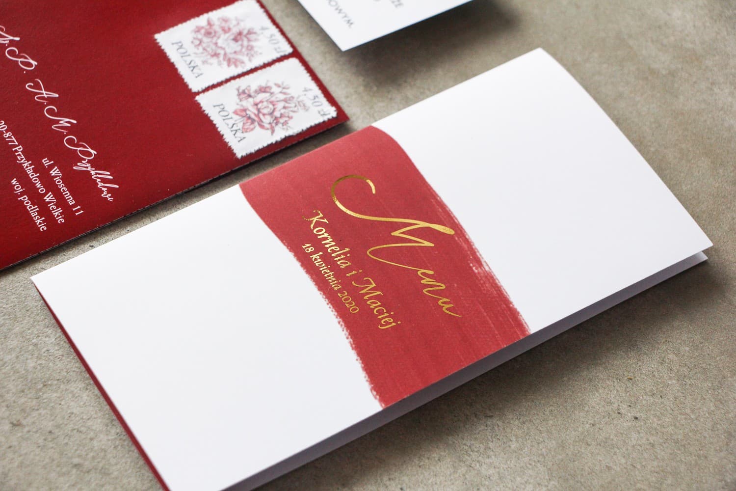 Eleganckie Menu Ślubne Bordowe Złocone Akwarela | Menu Weselne na Stół | Verte Nr 1