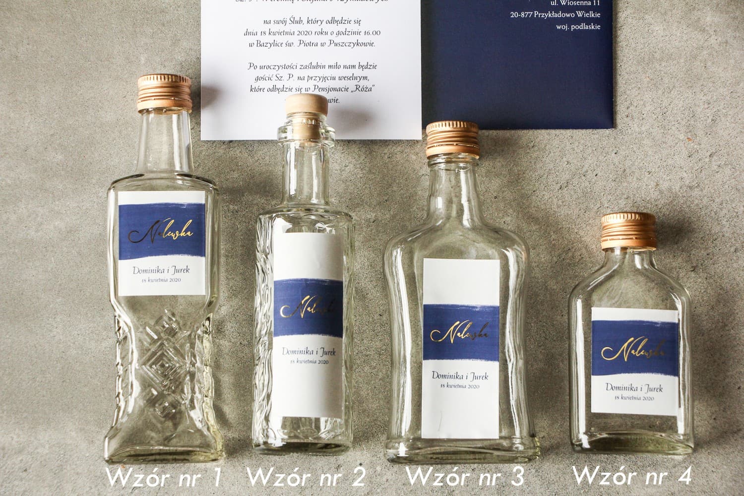 Eleganckie Buteleczki na Nalewki Weselne z Granatową Grafiką i Złoceniem | Podziękowania dla Gości | Verte nr 3 - 3