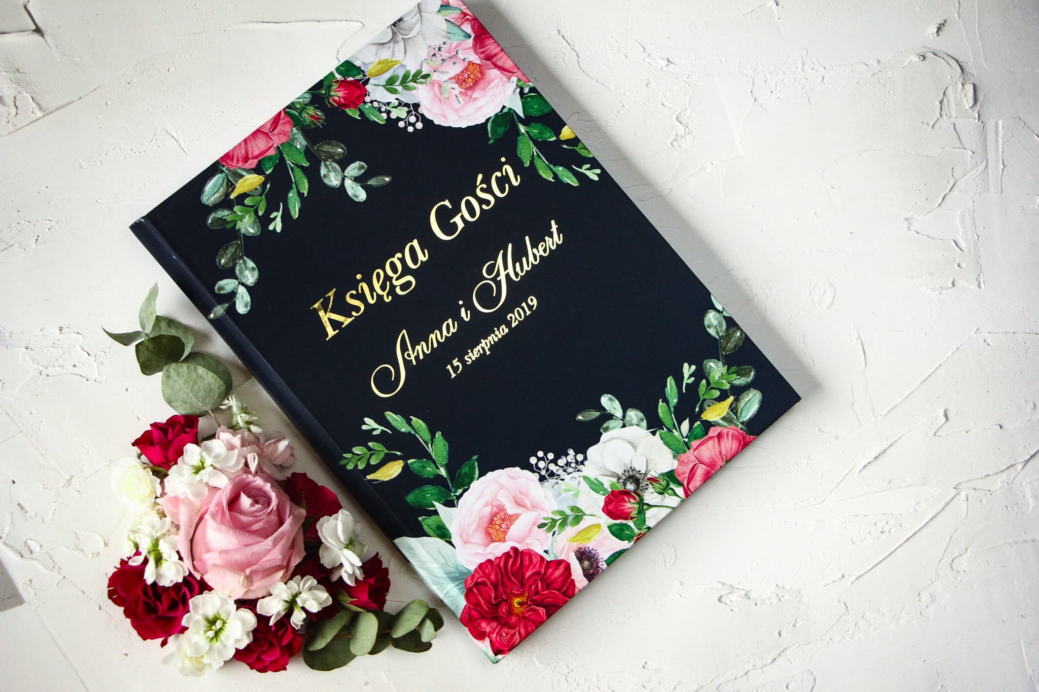 Złocona Księga Gości Weselnych z Piwoniami | Personalizowany Album na Wpisy A4 | Szafirowe nr 4