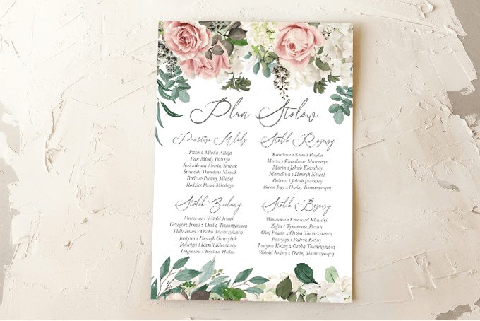 Elegancki Plan Stołów z Różami i Hortensją | Kwiatowa Rozpiska Gości Weselnych | Wenis nr 1