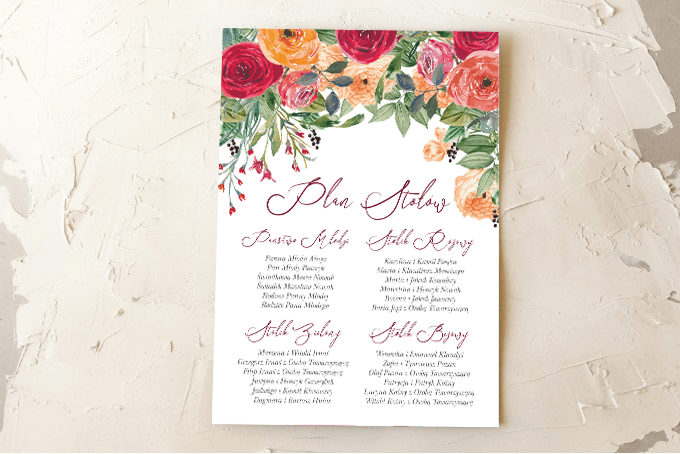 Plan Stołów Weselnych z Różami | Plakat Rozmieszczenie Gości Boho | Wenis nr 2