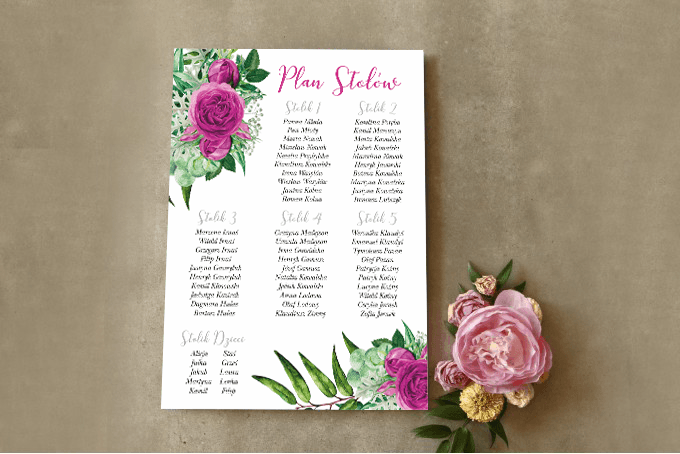 Kwiatowy Plan Stołów Weselnych z Różami | Plakat Rozpiska Gości na Salę | Cykade nr 4