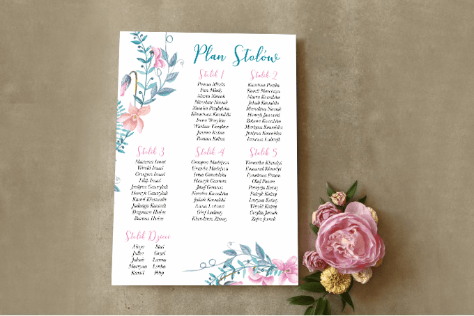 Plan Stołów Weselnych Plakat, Pastelowy Wianek, Rozpiska Gości z Fiołkami | Ślubna Tablica | Cykade nr 8