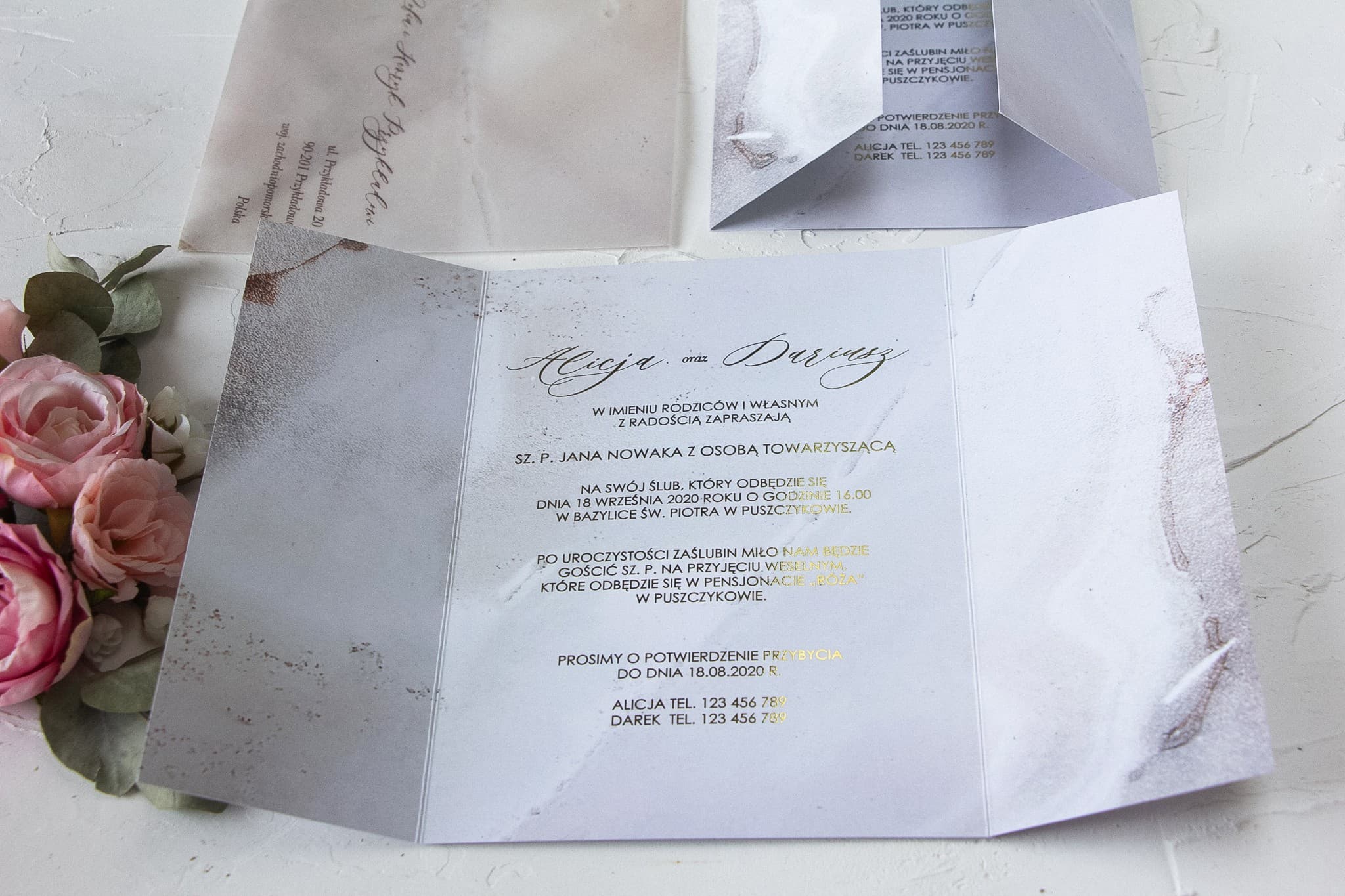 Próbka zaproszenia ślubnego z eleganckim motywem marmuru - Marmurowe nr 1