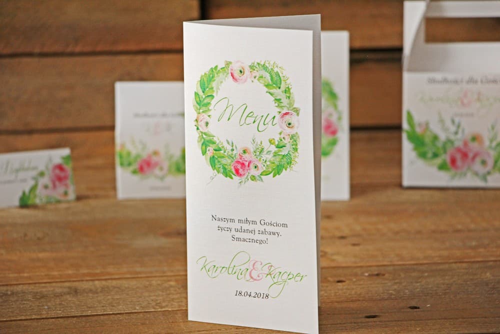 Menu Weselne Składane z Różowymi Jaskrami, Akwarelowe | Elegancka Karta Dań na Stół, Papeteria Ślubna | Akwarele nr 22