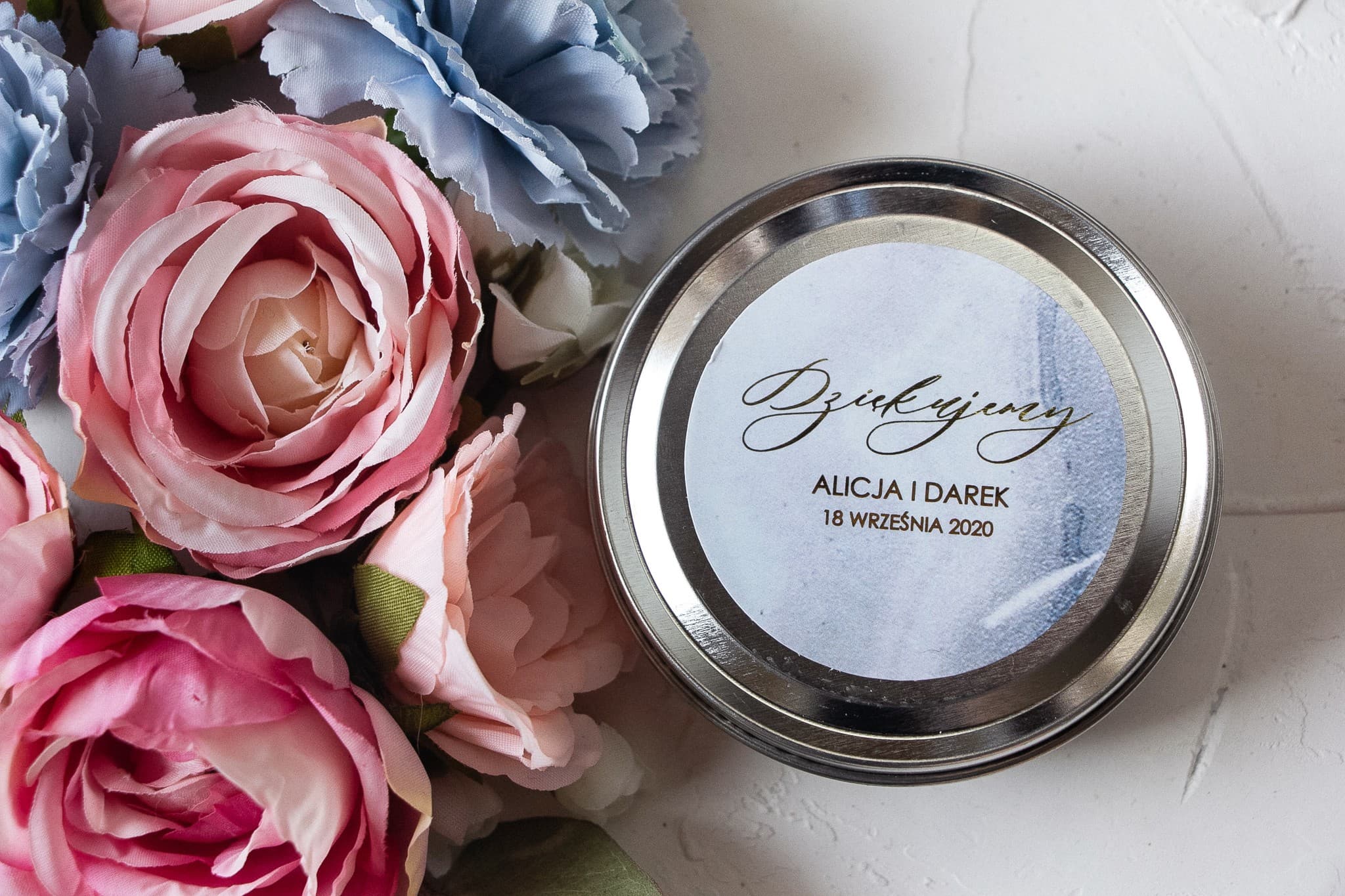 Złocone Świeczki w Puszce Podziękowania dla Gości Niebieski Marmur | Personalizowane Upominki | Marmurowe nr 3