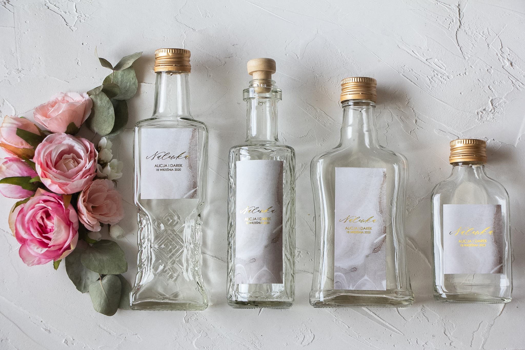 Złocone Butelki na Nalewki Weselne Marmur | Podziękowania dla Gości | Marmurowe nr 1 - 2