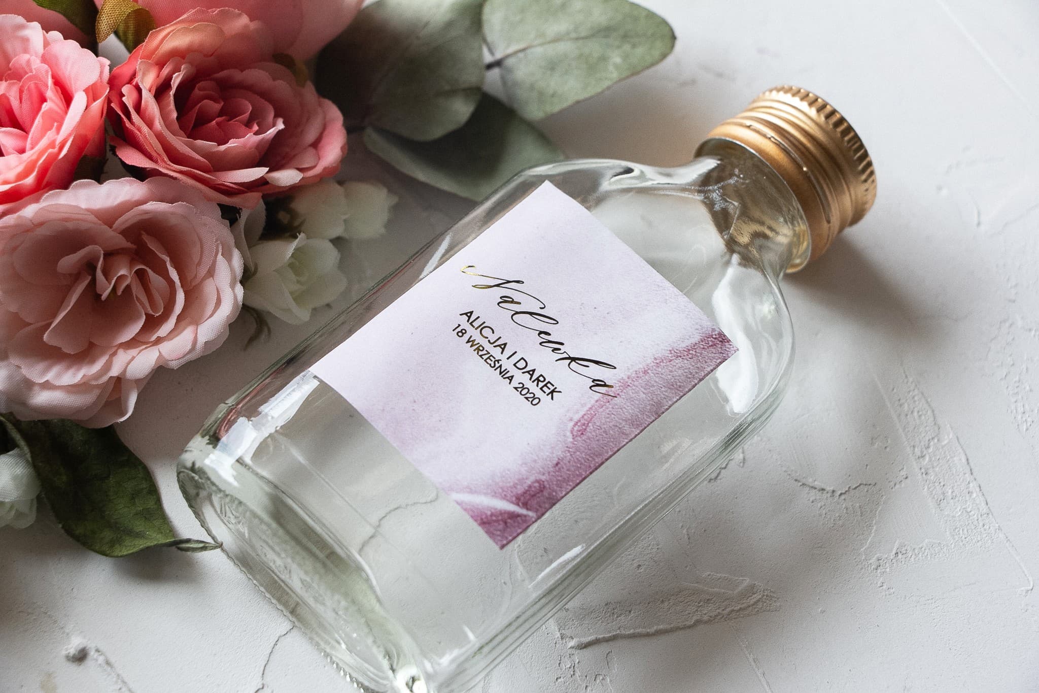Eleganckie Butelki na Nalewki Weselne z Różowym Złoceniem | Podziękowania dla Gości | Marmurowe nr 2 - 3