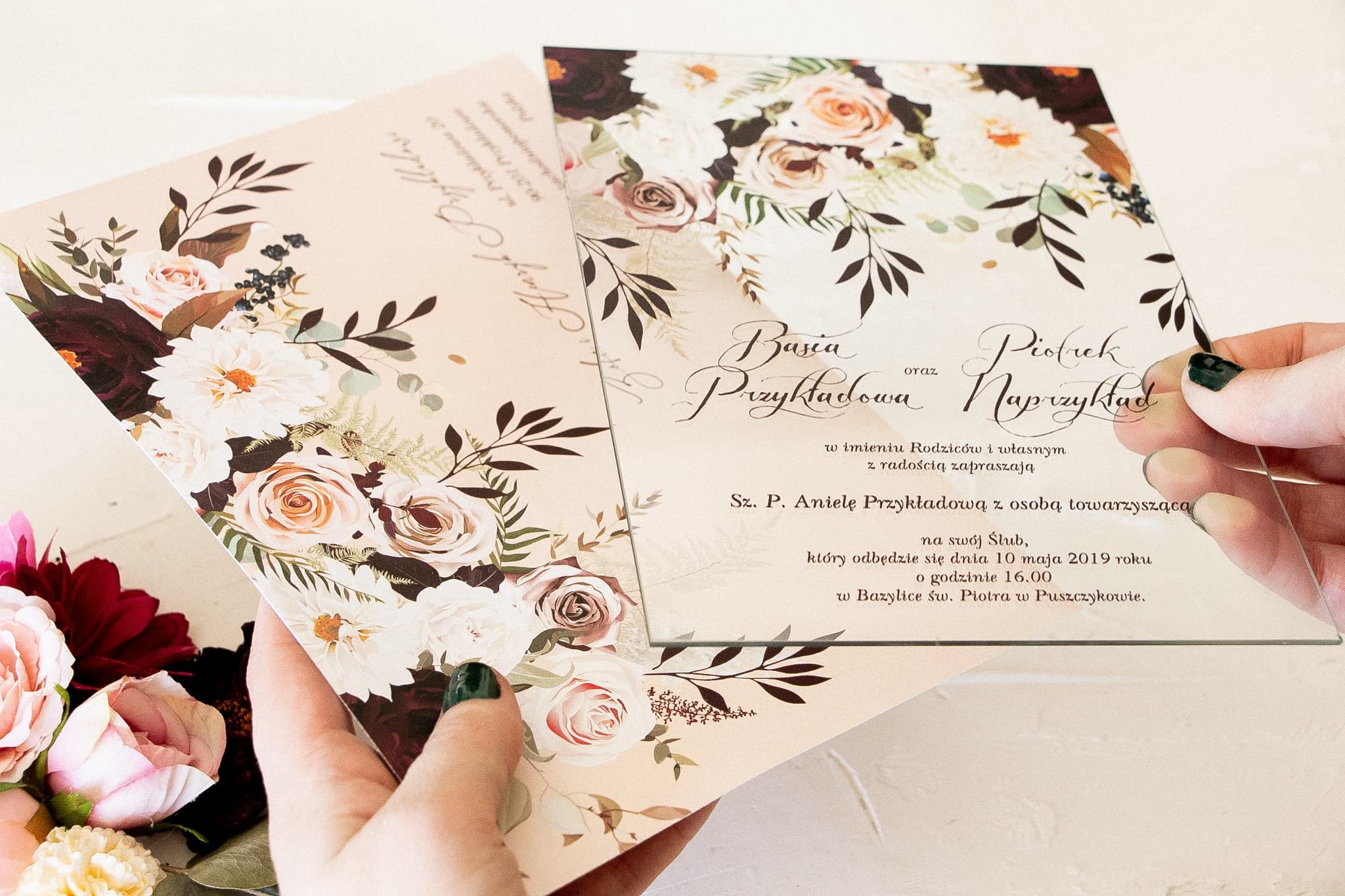 Próbka zaproszenia na prawdziwym szkle z motywem dalii Korani nr 2