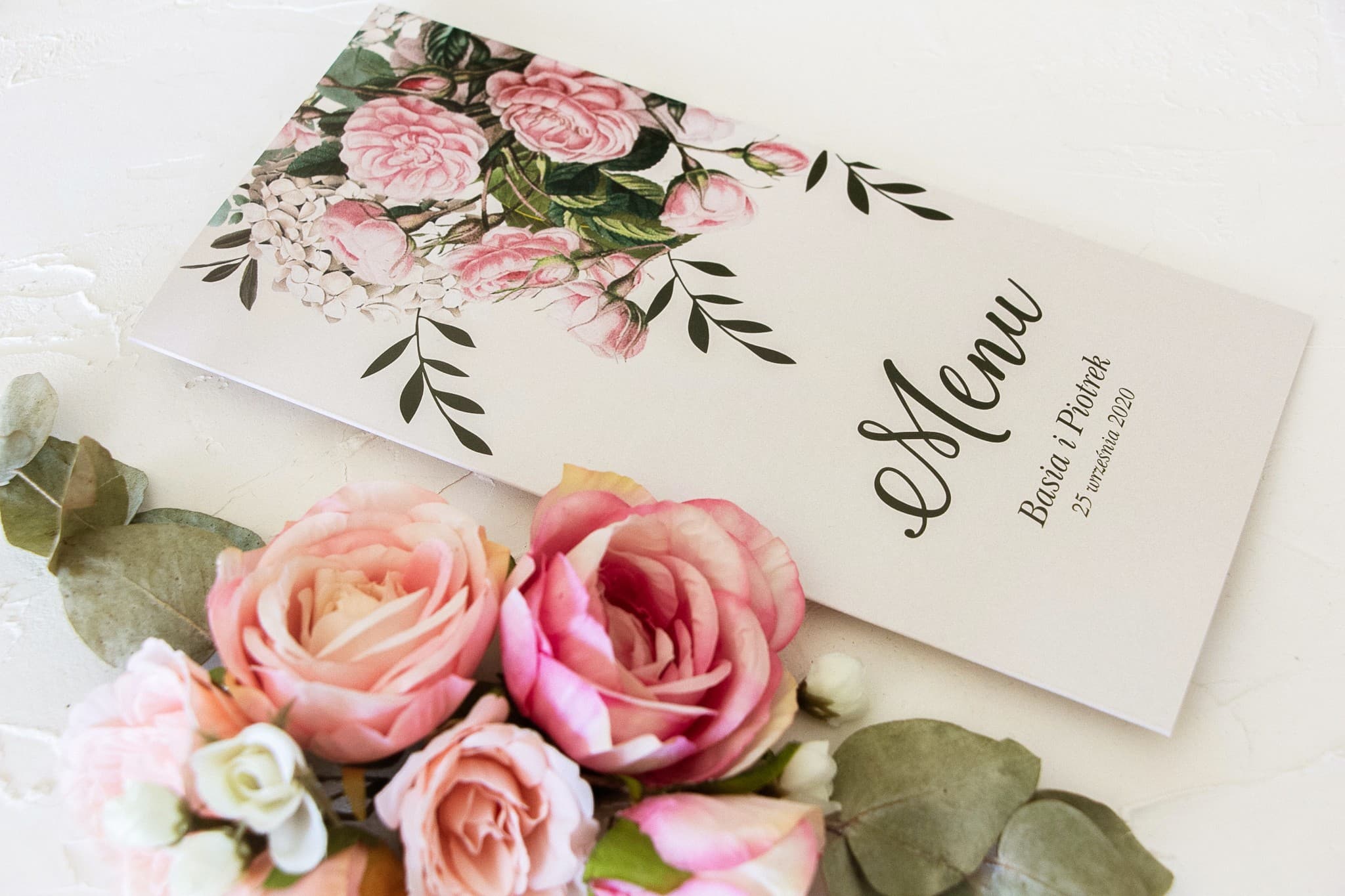 Menu Weselne Składane Kwiatowe Róże Hortensje | Elegancka Karta Menu na Stół | Korani nr 1