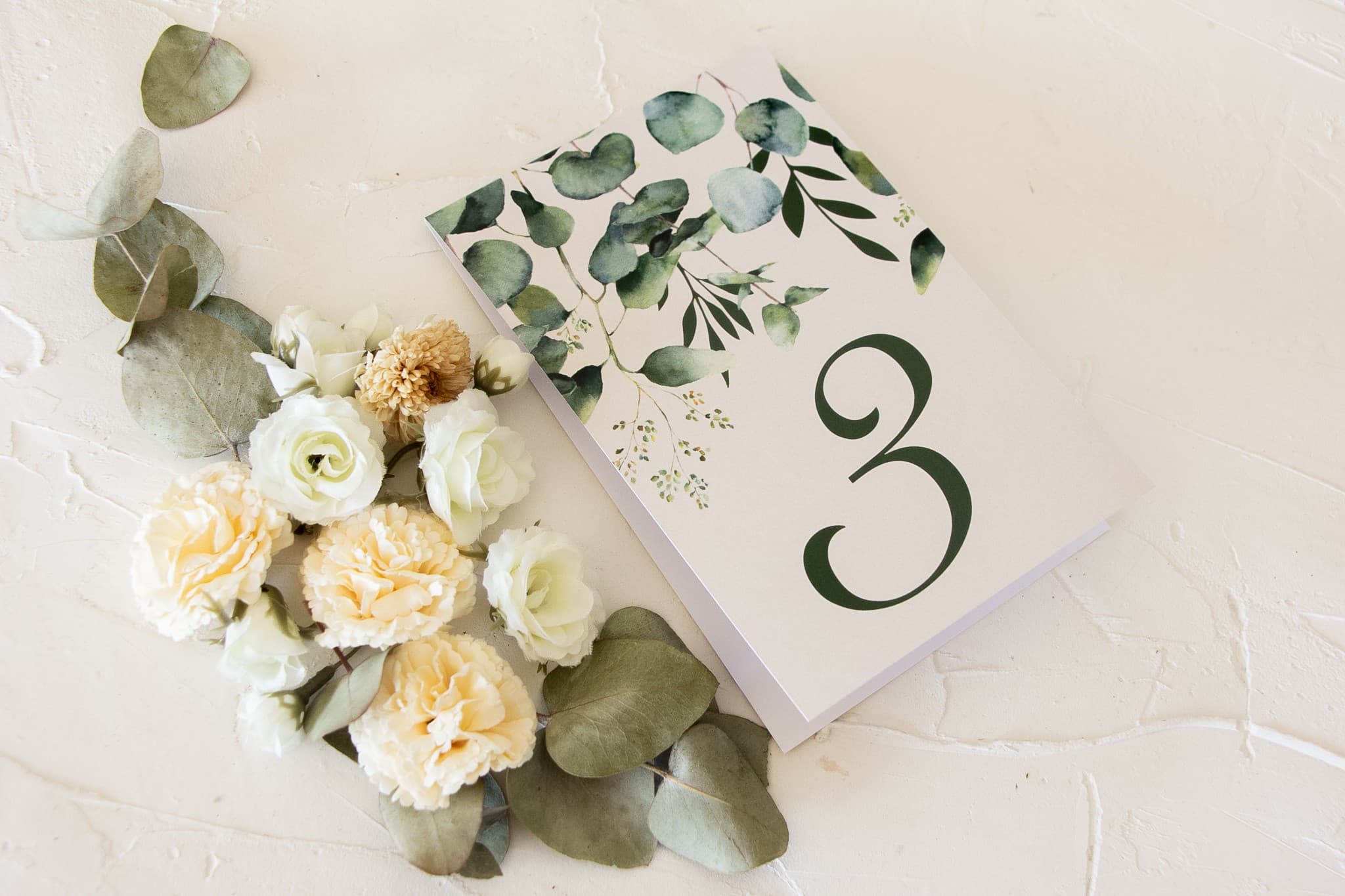 Numery na Stół Weselny Eukaliptus Greenery | Eleganckie Numerki na Stolik z Liśćmi | Korani nr 3