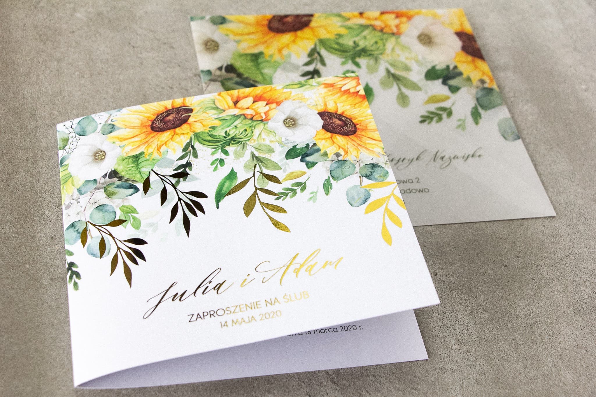 Próbka Zaproszenia na Wesele Rubin nr 7 – Słoneczniki i Złote Gałązki