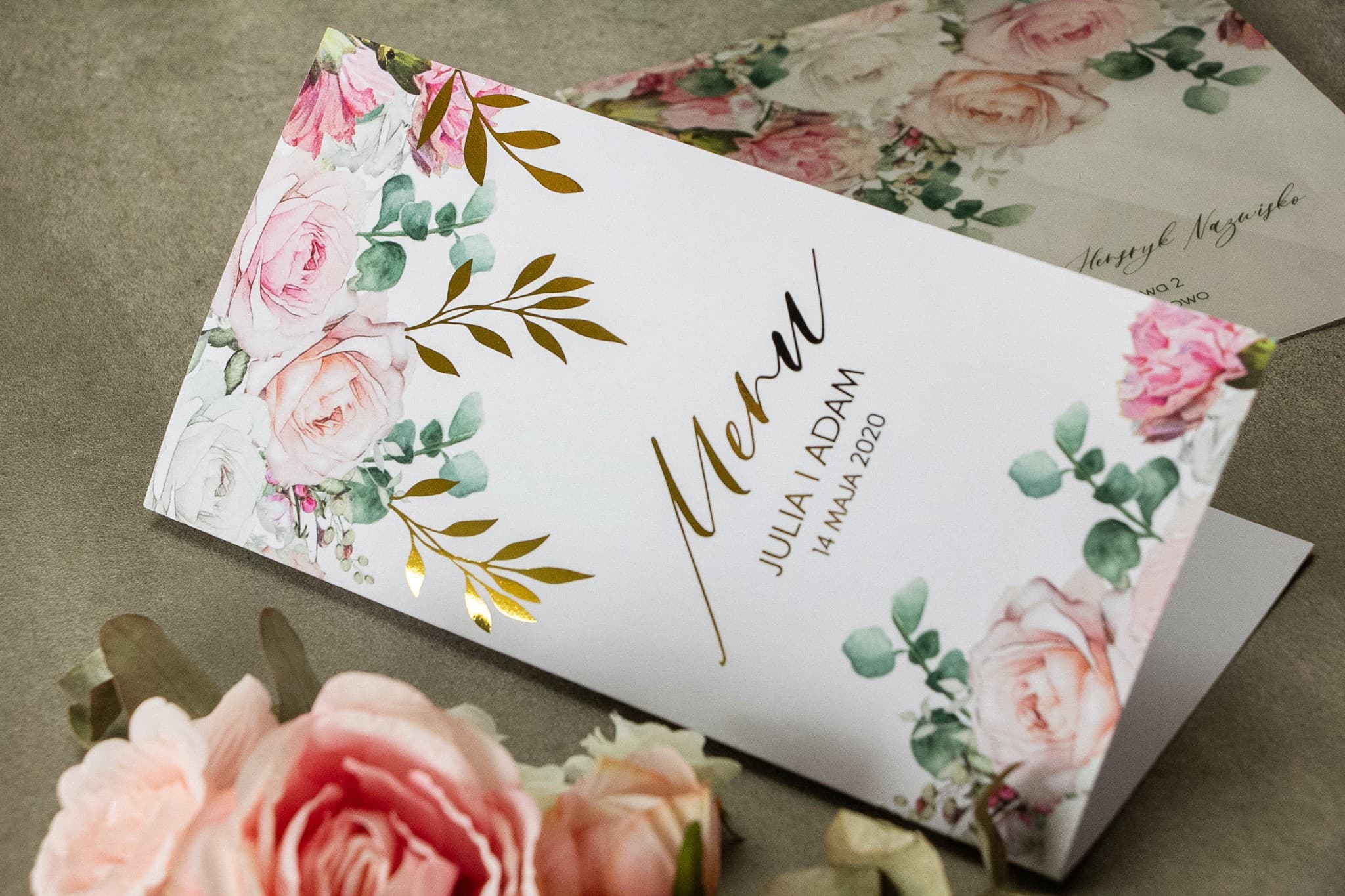 Złocone Menu Weselne Rubin nr 9 – Styl Glamour z Różowymi Gałązkami