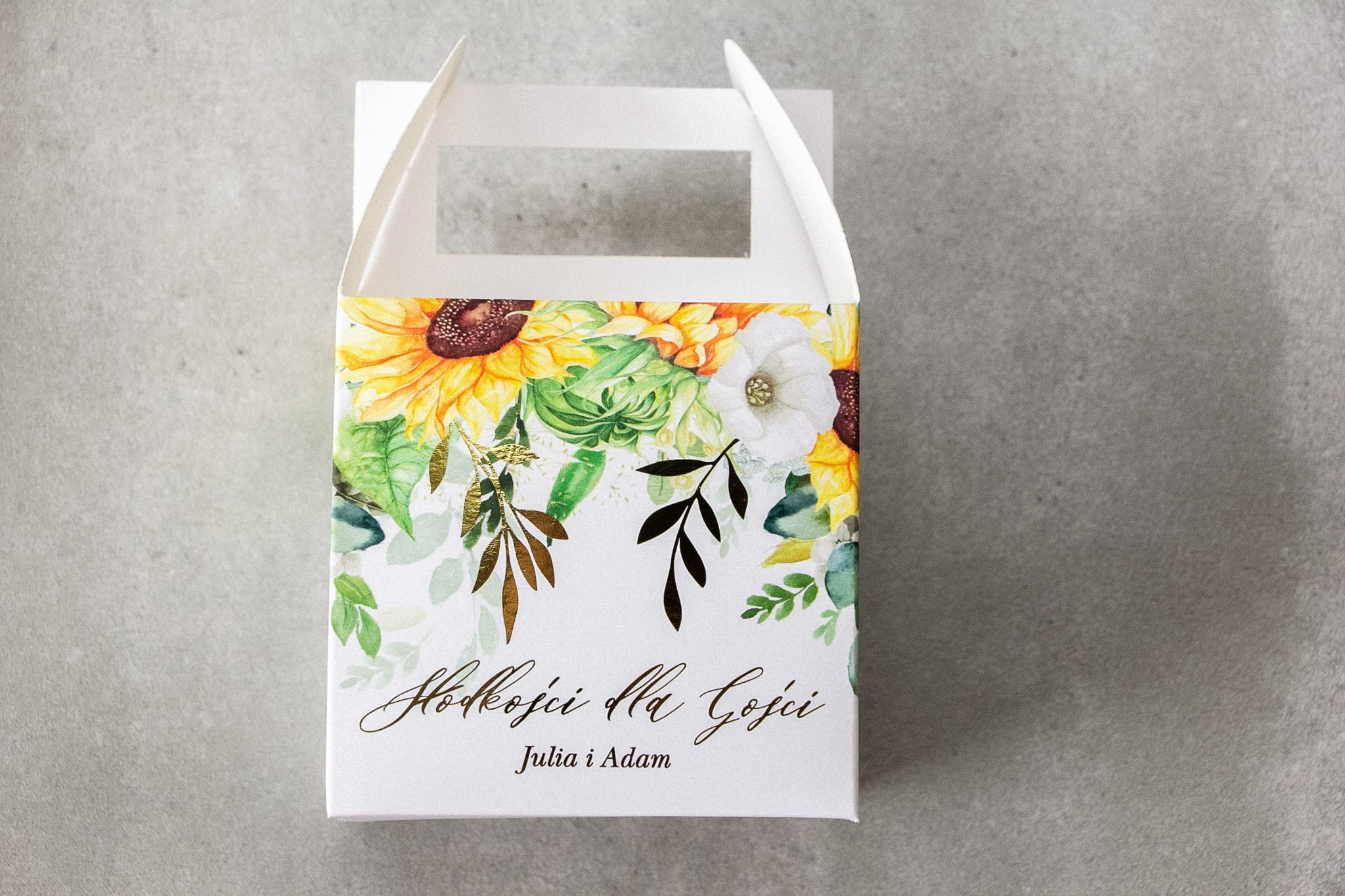 Złocone Pudełka na Ciasto Rubin nr 7 – Rustykalny Styl ze Słonecznikami