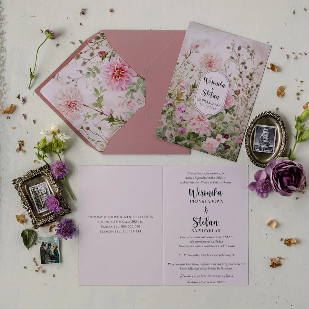 Próbka zaproszenia z peoniami i złoceniem – Impresja Nr 13