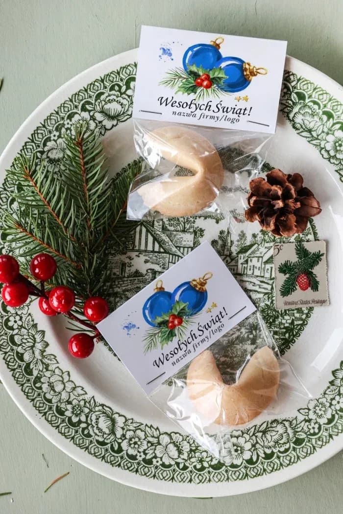 Ciasteczka z wróżbą z logo firmy, niebieskie bombki | Upominki świąteczne dla firm | Kolekcja CZW2