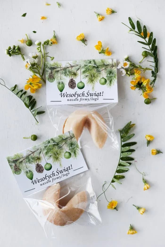 Ciasteczko z wróżbą z logo firmy | Świąteczne upominki dla klientów, zielone bombki | Kolekcja CZW9