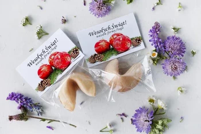 Ciasteczka z wróżbą z logo firmy. Upominki świąteczne dla klientów. Czerwone bombki | Prezenty firmowe | CZW19