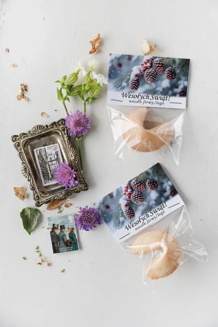 Ciasteczka z wróżbą dla firm z logo. Upominki świąteczne dla klientów z motywem szyszek | CZW20