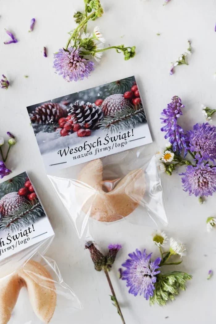 Świąteczne ciasteczka z wróżbą z logo firmy | Upominki dla klientów na Boże Narodzenie | Szyszki i Jarzębina CZW21