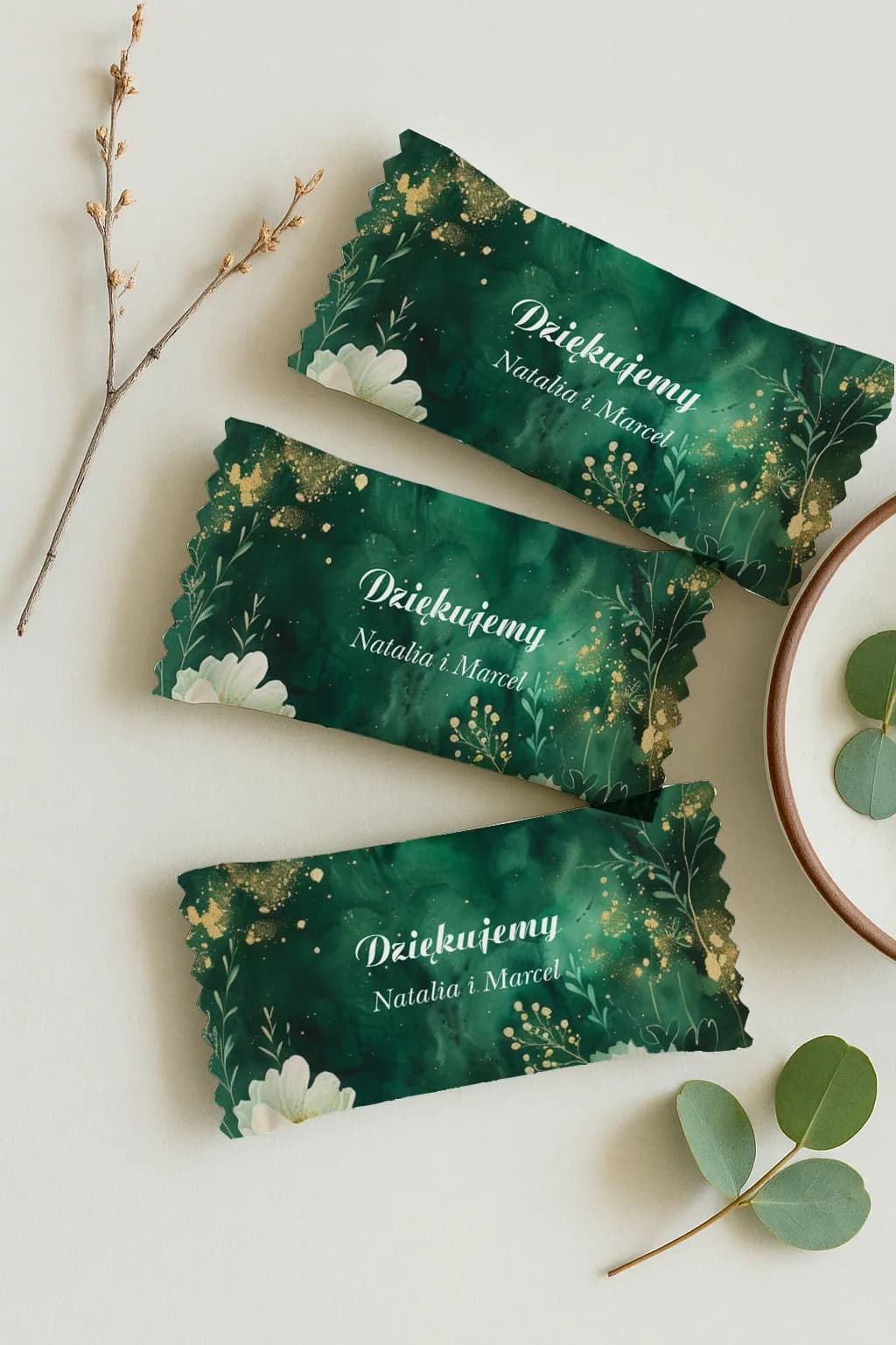 Krówki Ślubne Butelkowa Zieleń Złoto | Eleganckie Podziękowania dla Gości Weselnych | Impresja nr 14