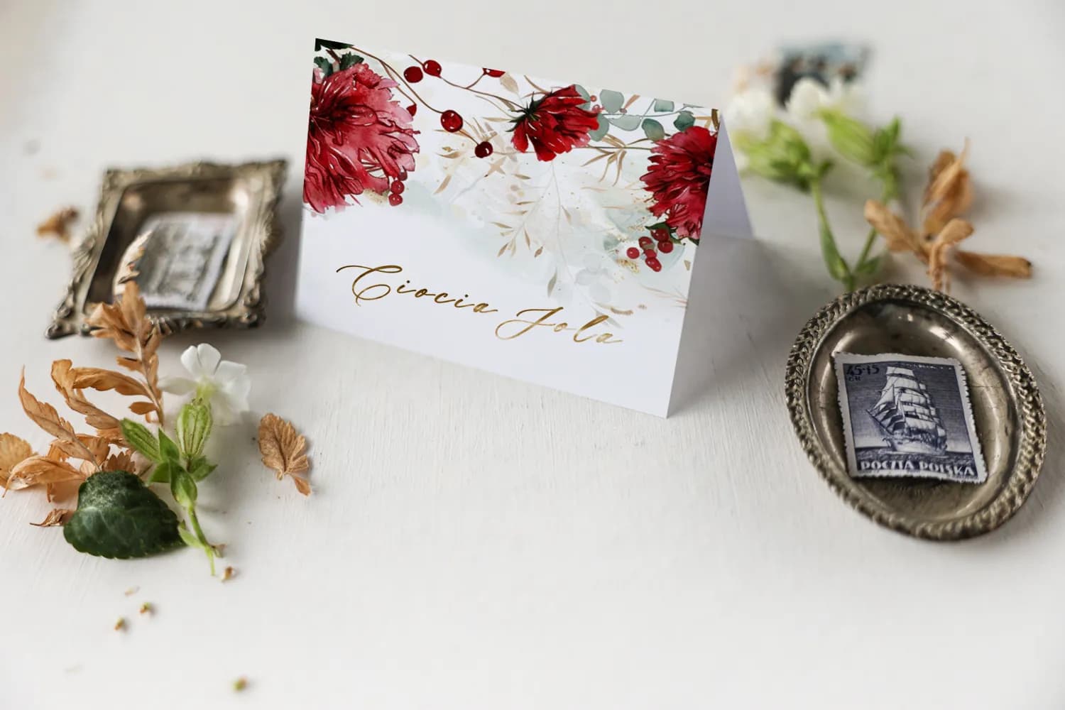 Winietki ślubne złocone z czerwonymi piwoniami – Ruskus nr 1