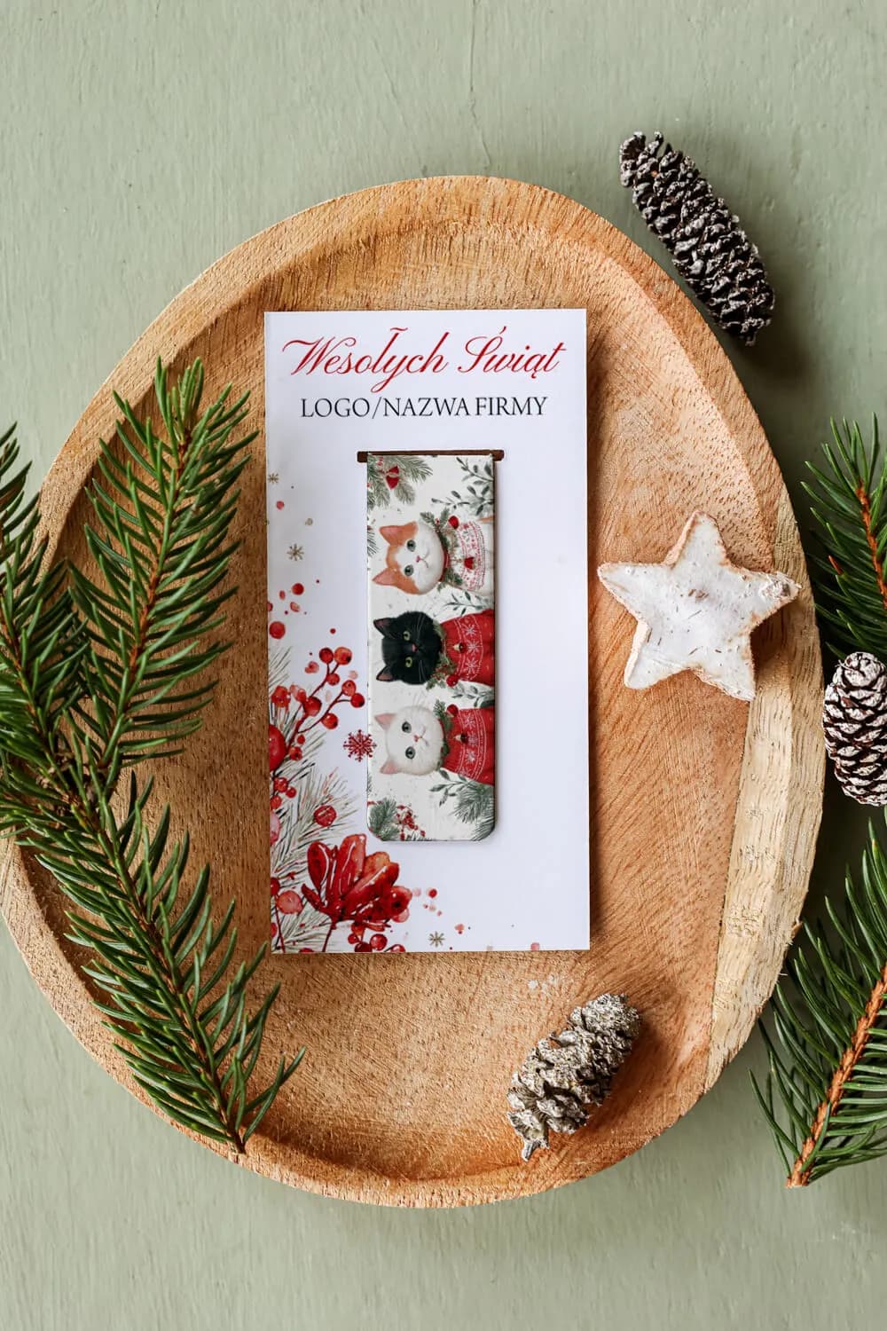 Świąteczna Zakładka Magnetyczna z Twoim Logo, Grafika z Kotami | Upominek Firmowy na Boże Narodzenie dla Klientów | ZKS19