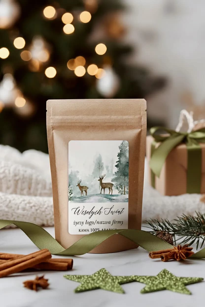 Personalizowana kawa świąteczna dla firm ze 100% Arabiki, etykieta z leśnym motywem | Upominek dla klientów | KW8