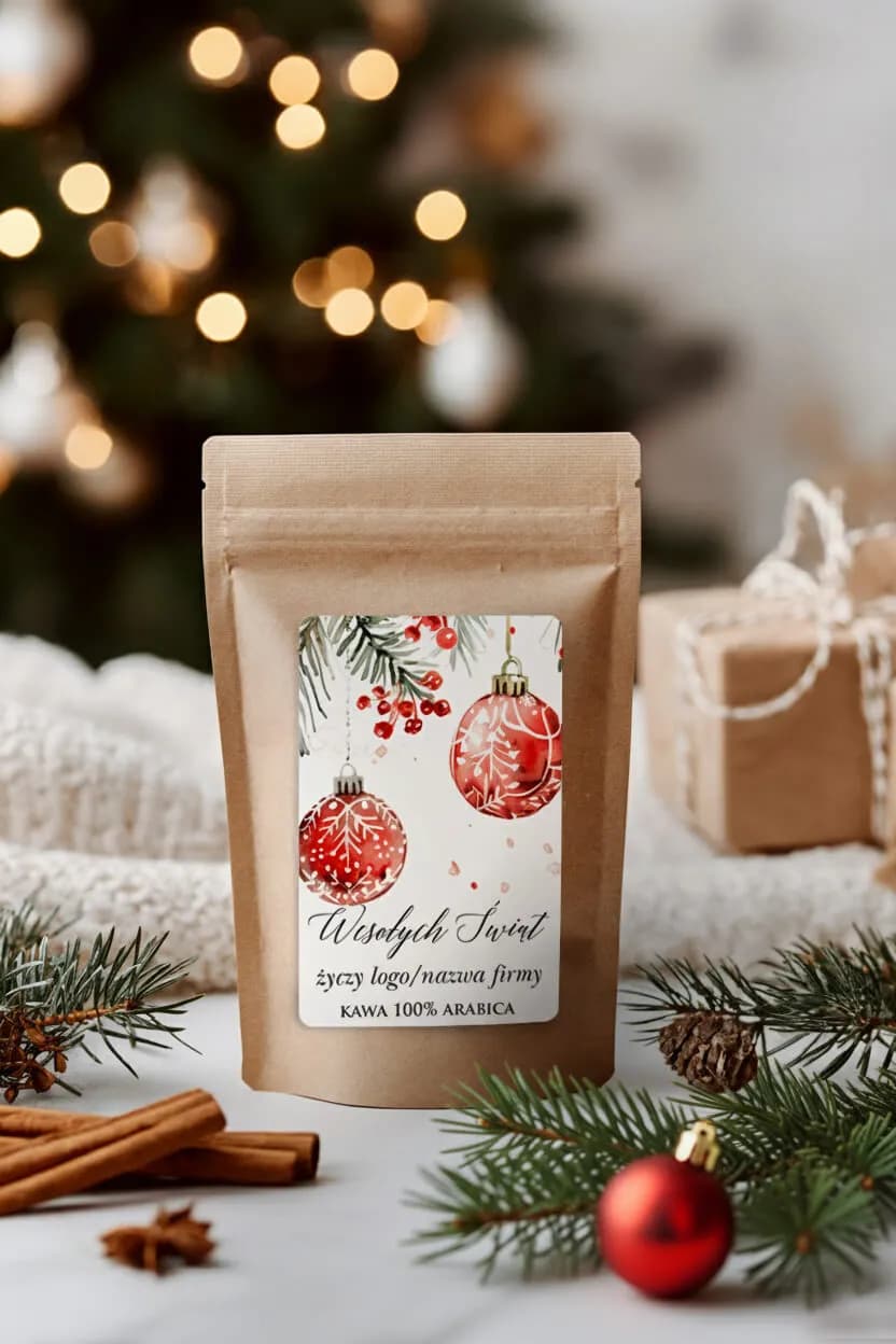 Personalizowana Kawa ziarnista 100g na prezent świąteczny, etykieta z logo | Upominek dla firm i klientów | KW11