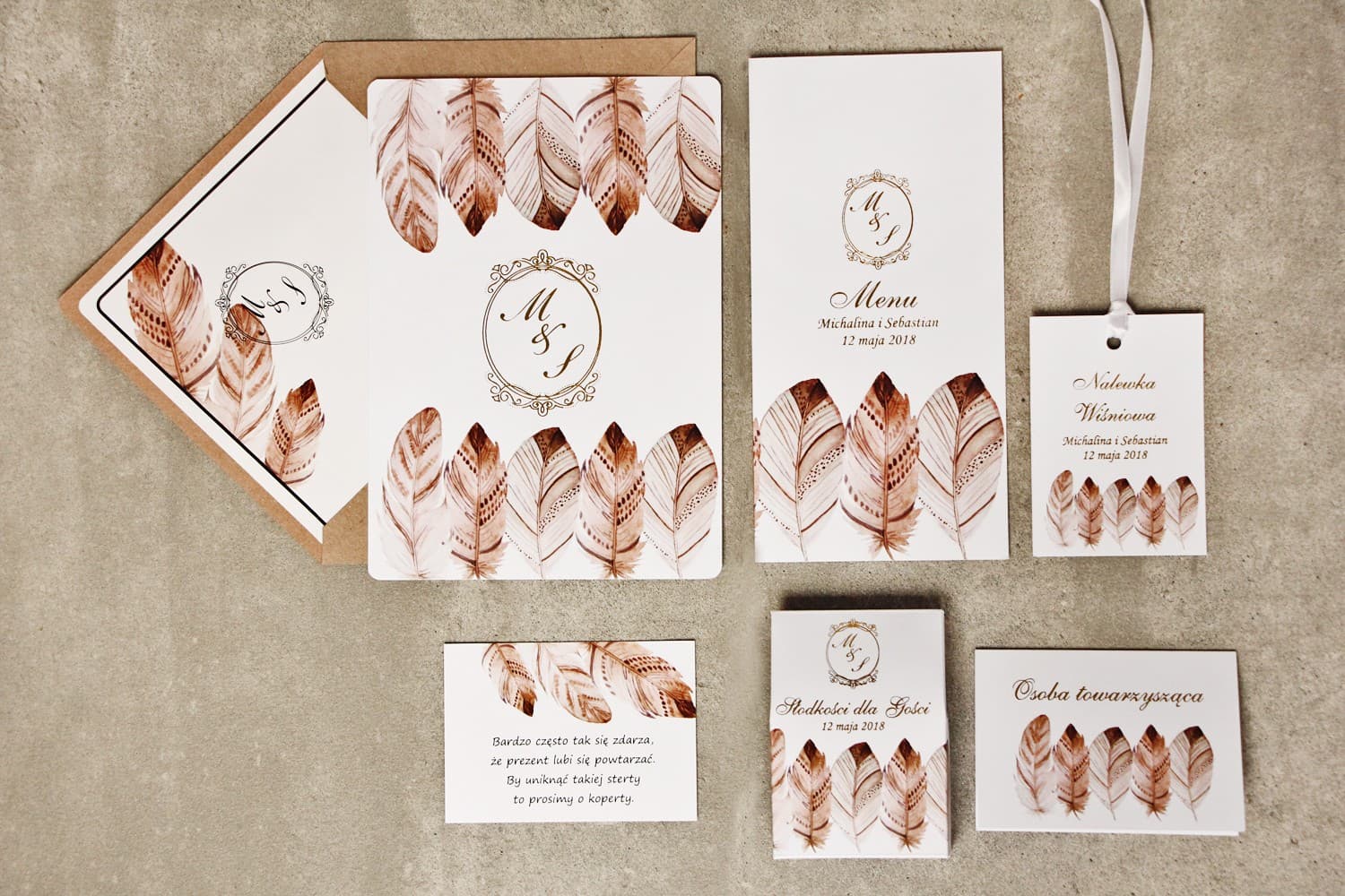 Próbki Zaproszeń Ślubnych Boho Piórka | Zestaw Próbek Papeterii | Sorento nr 10